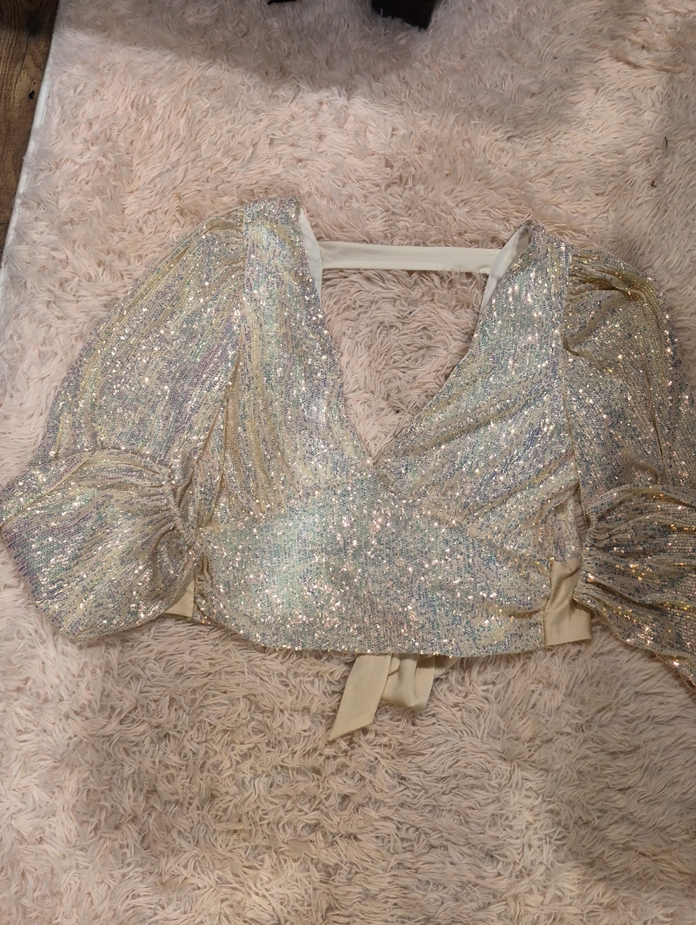 Iridescent Sequin Wrap Crop Top - Cream Gold
